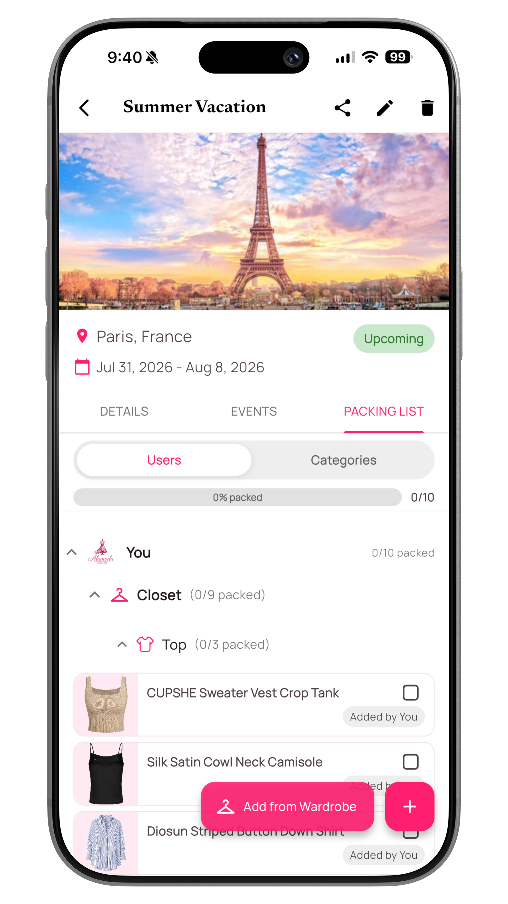 Alamoda travel planner showing a trip, packing list, and wardrobe items