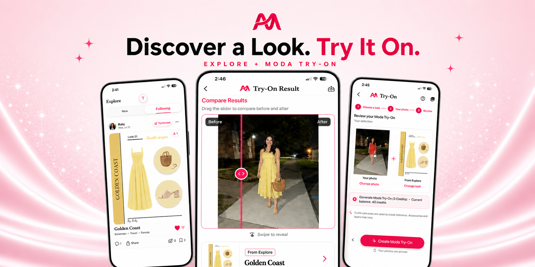 Alamoda Explore, Moda Try-On review, and AI try-on result showing a yellow outfit on the same person.