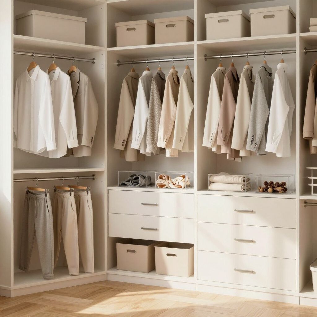 Walk-in closet with hanging shirts and pants in neutral tones, drawers, shelves, and storage bins.
