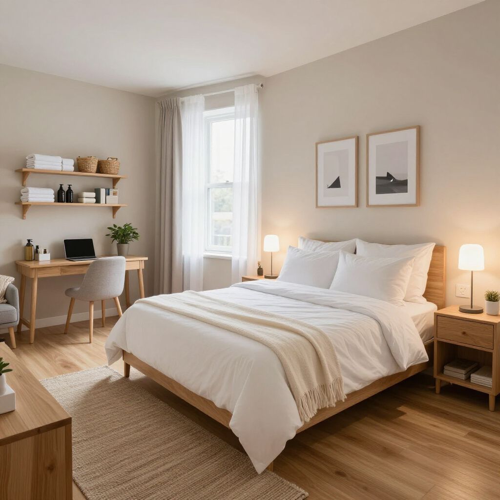 Bedroom with bed, desk, and neutral colors; wooden furniture, window with sheer curtains.