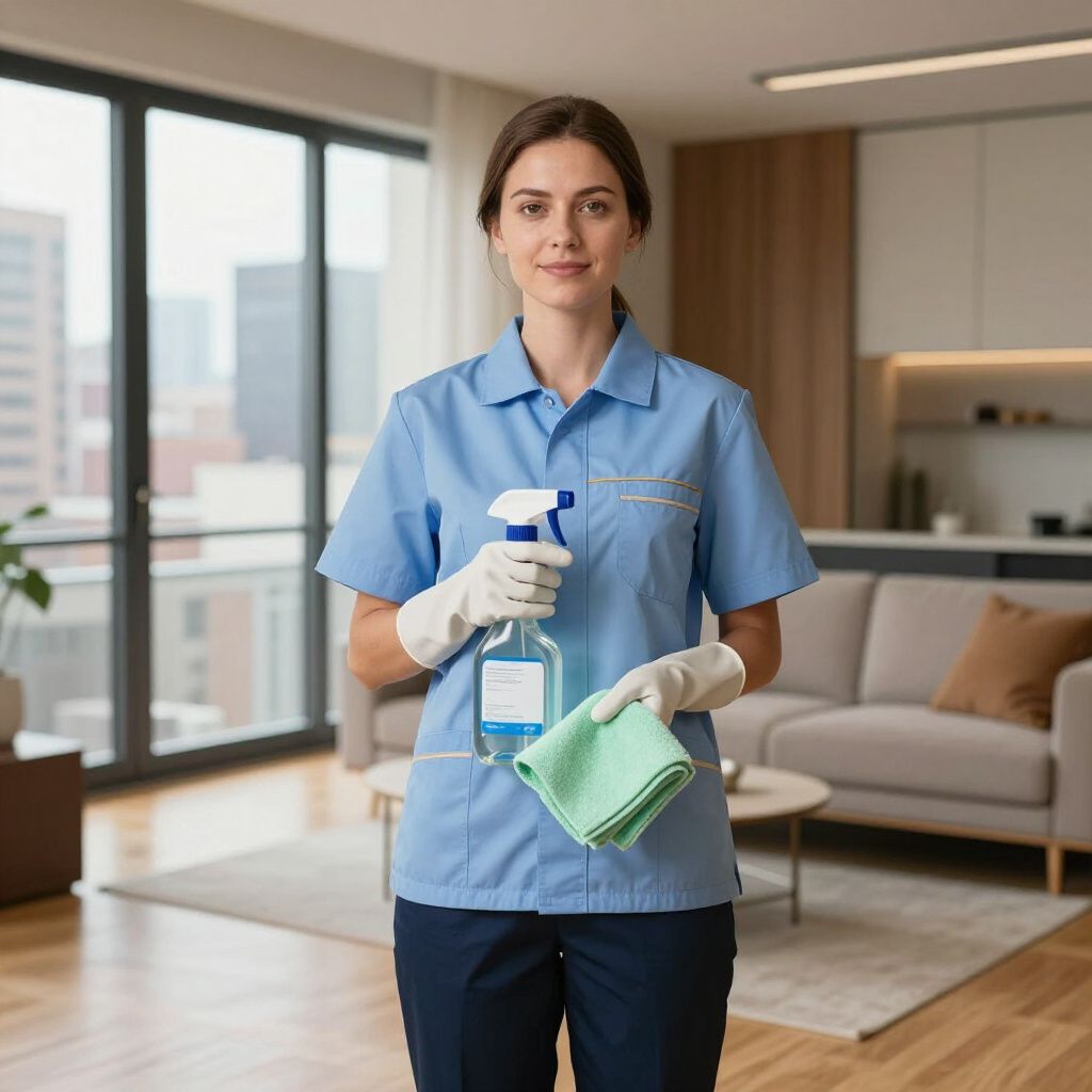 Woman in blue uniform holding spray bottle and cloth in a modern living room.