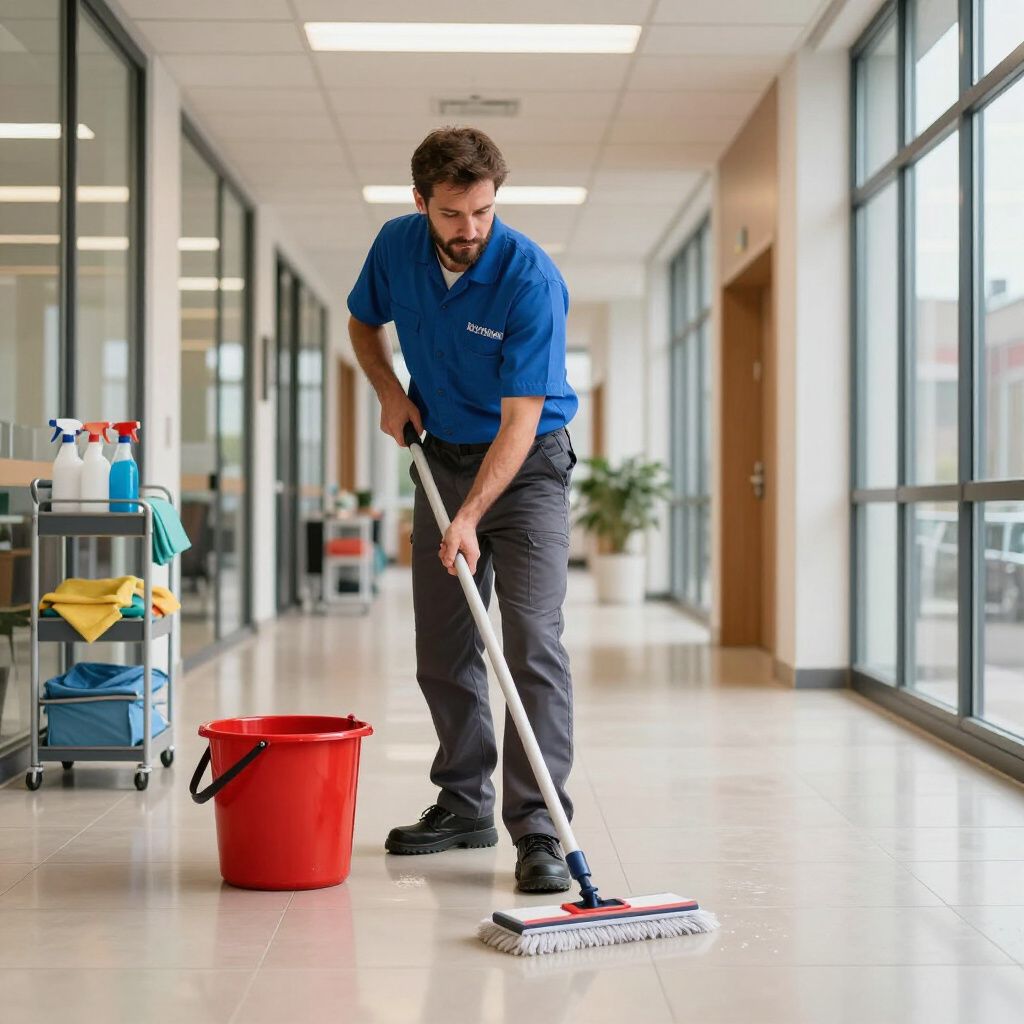 Man in blue shirt mops a hallway floor with bucket and cleaning cart nearby.