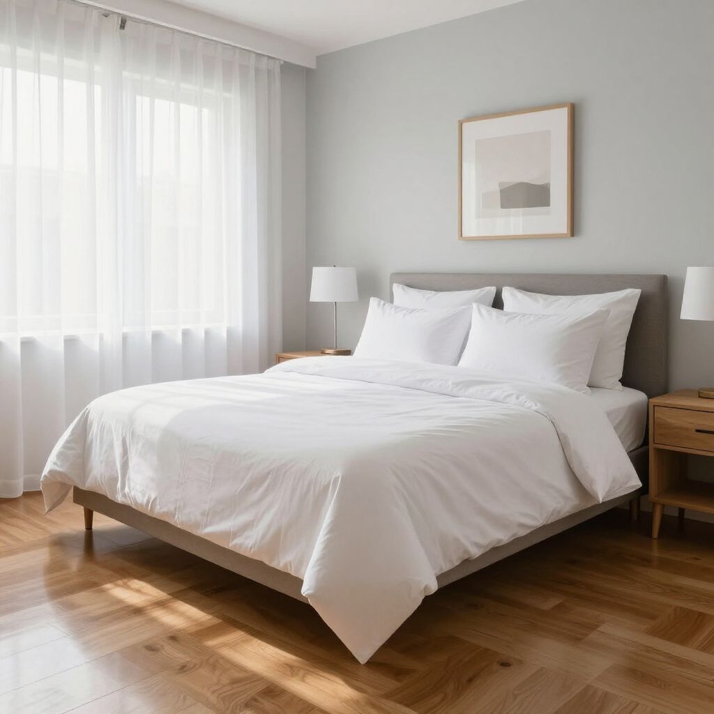 A bright bedroom with a bed covered in white bedding, a window, and two nightstands.