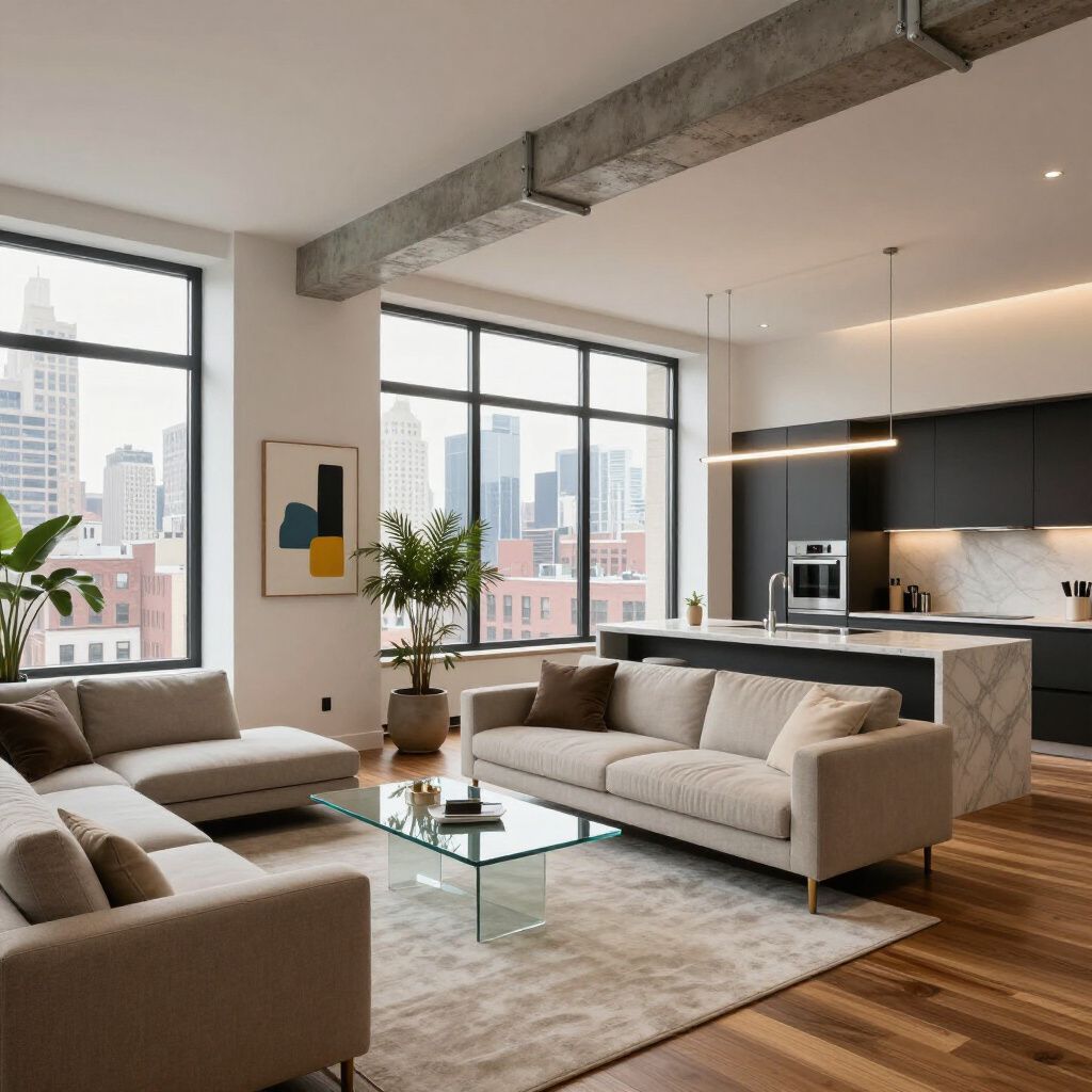 Modern open-plan living space with city views. Neutral-toned furniture, wooden floor, and a marble kitchen island.
