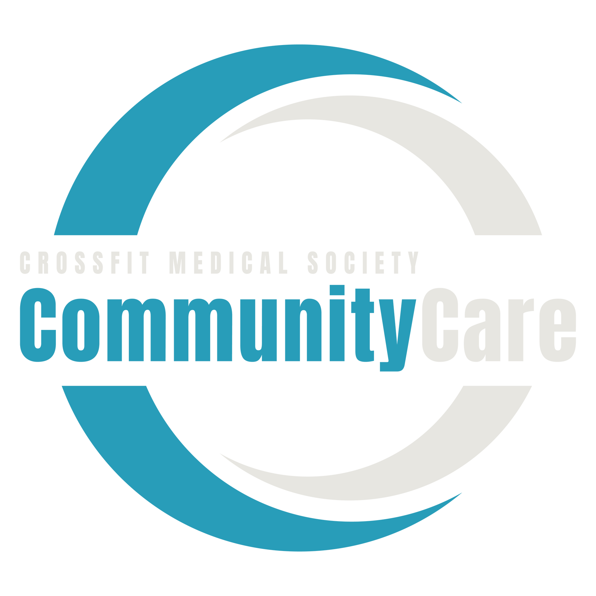 Logo for CrossFit Medical Society Community Care; blue and gray crescent shapes forming a 