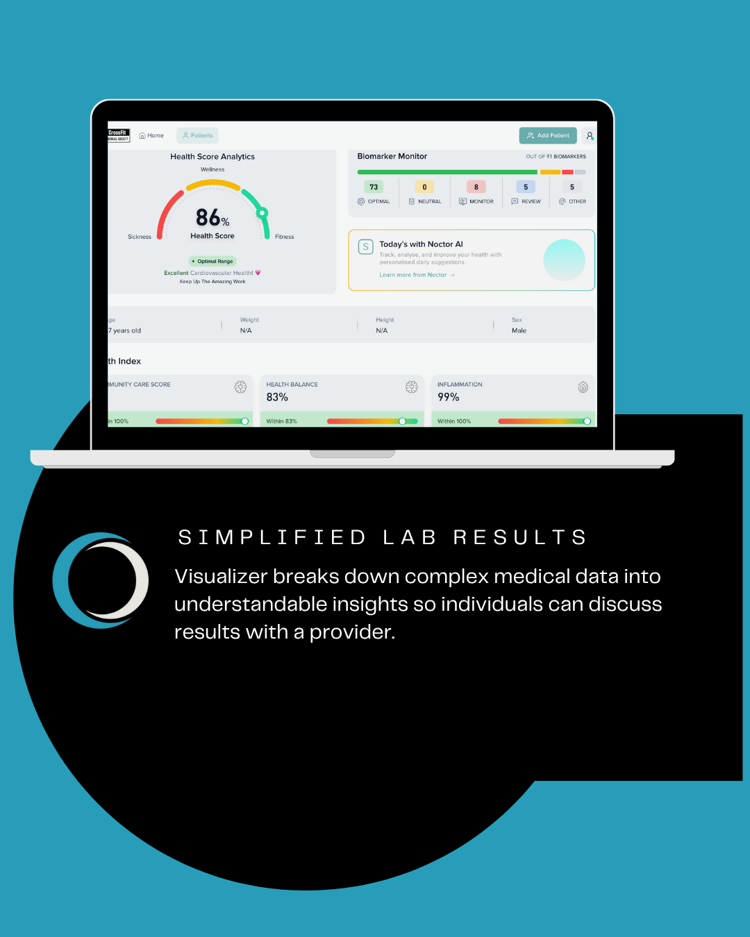 Laptop displaying a health dashboard with graphs and data, teal and white graphics, blue background.
