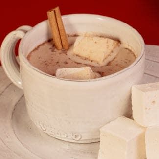 A cup of spiced hot cocoa with marshmallows and cinnamon sticks.