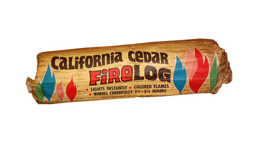 A package of a single california cedar firelog from 1968on a white background.