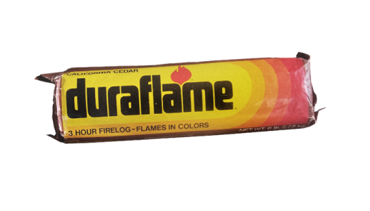 A package of the first duraflame firelog from 1972 on a white background