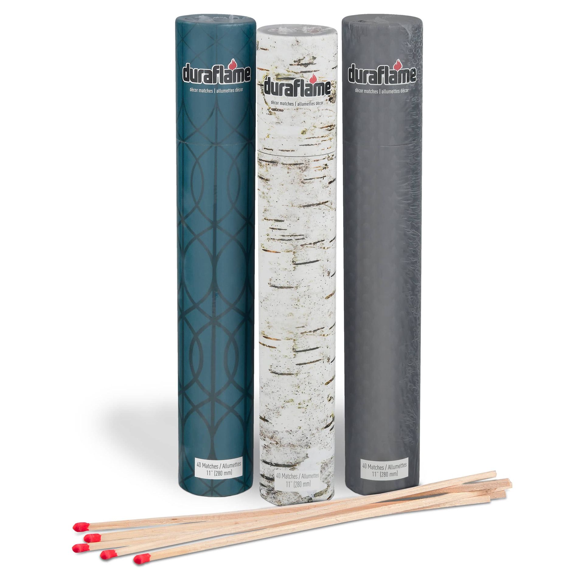 DURAFLAME® LONG-STEM DÉCOR MATCHES 3 different design tubes of duraflame decor long-stem matches for fire, including campfires, firelogs, candles, grills