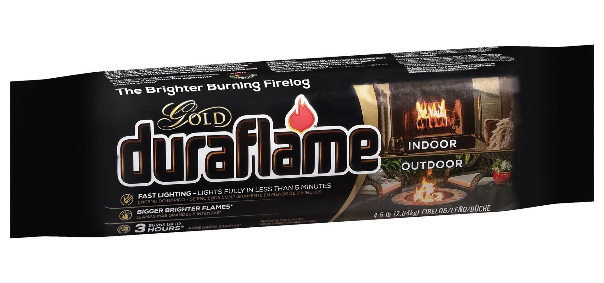 duraflame indoor outdoor Gold firelog, facing left, firelogs for fireplace and firelog for fire pit, firewood alternative, firelogs near me