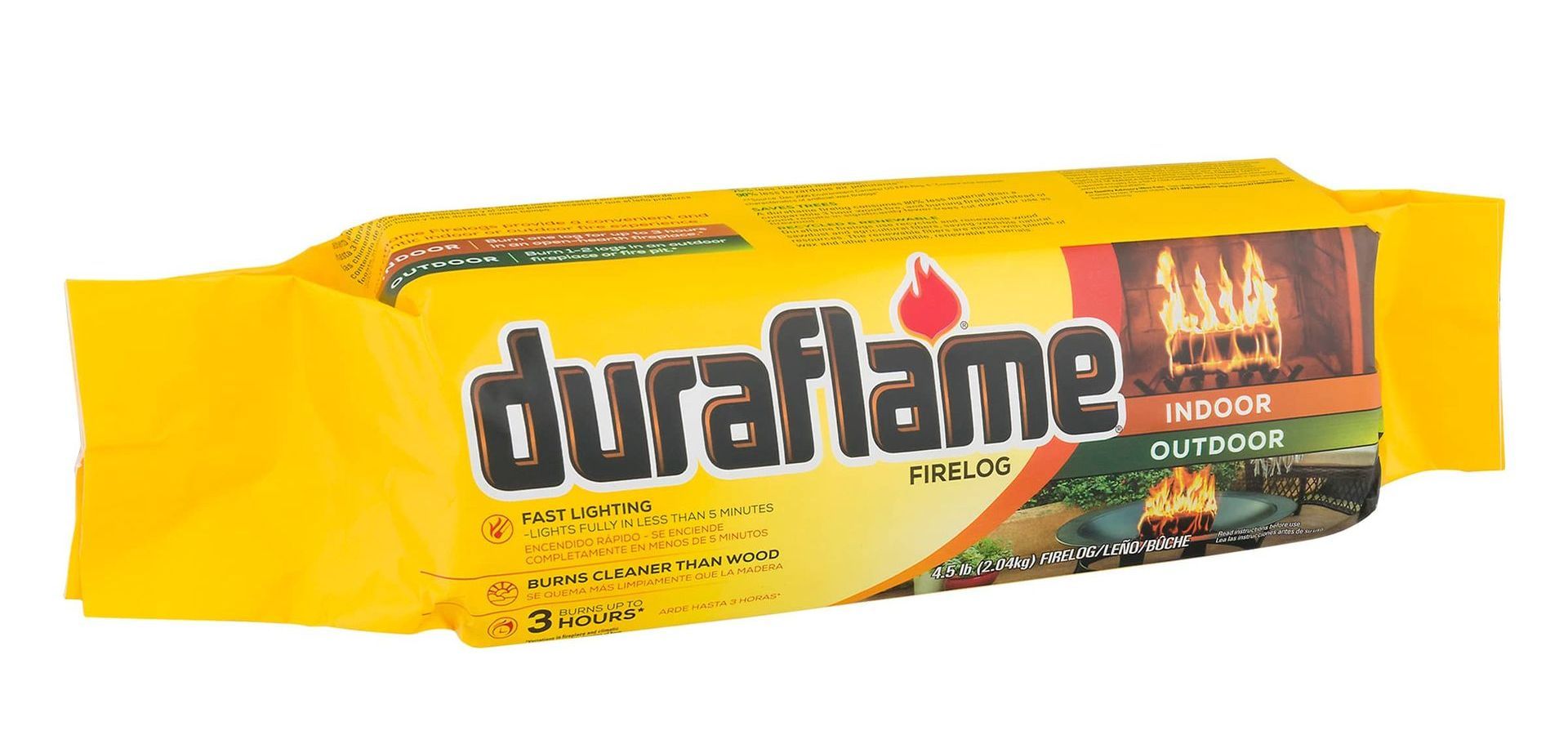 duraflame 4.5lb firelog, facing left, firelog for fireplace and fire log for fire pit, firewood alternative, firelogs near me