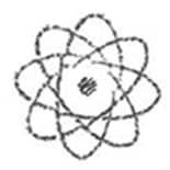 A black and white drawing of an atom on a white background.