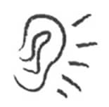 A black and white drawing of an ear listening on a white background.