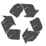A black and white drawing of a recycling symbol on a white background.
