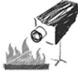 A black and white drawing of a camera recording a live fire.
