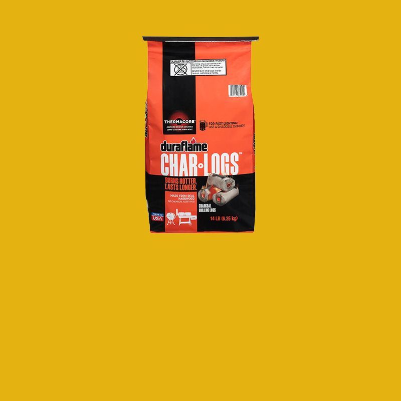 A bag of duraflame char·logs charcoal on a yellow background.