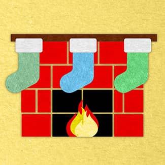 Three christmas stockings are hanging over a fireplace.