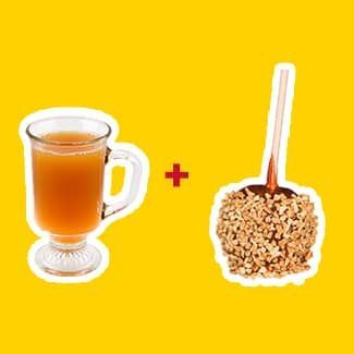 Apple cider and a caramel apple with nuts on a yellow background.