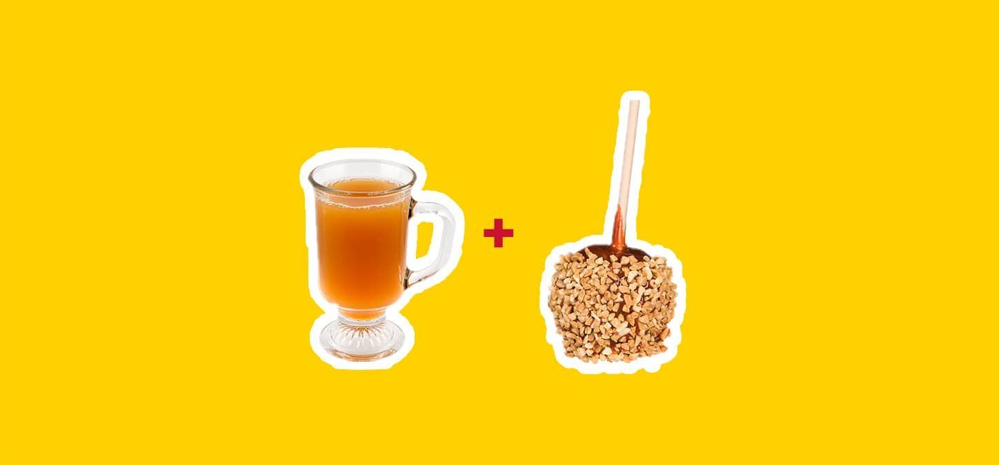 A cup of tea and a caramel apple on a stick on a yellow background.