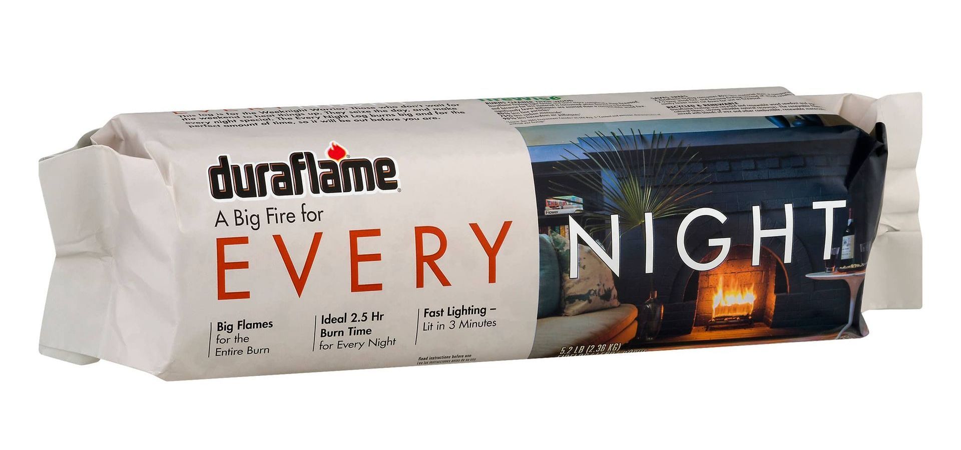 A package of a single duraflame every night firelog, duraflame fireplace logs, where to buy firelogs, firewood alternative, firelogs near me