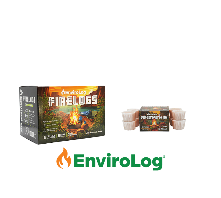 EnviroLog FireLogs packaging with fire starter cups and logo on white background