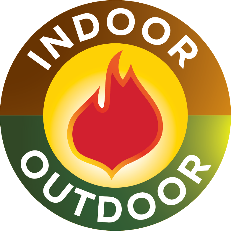 A logo for indoor outdoor with the duraflame brand flame logo in the center