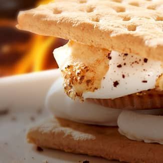 A close up of a Kitchen Sink s'mores sandwich on a plate with a fire in the background.