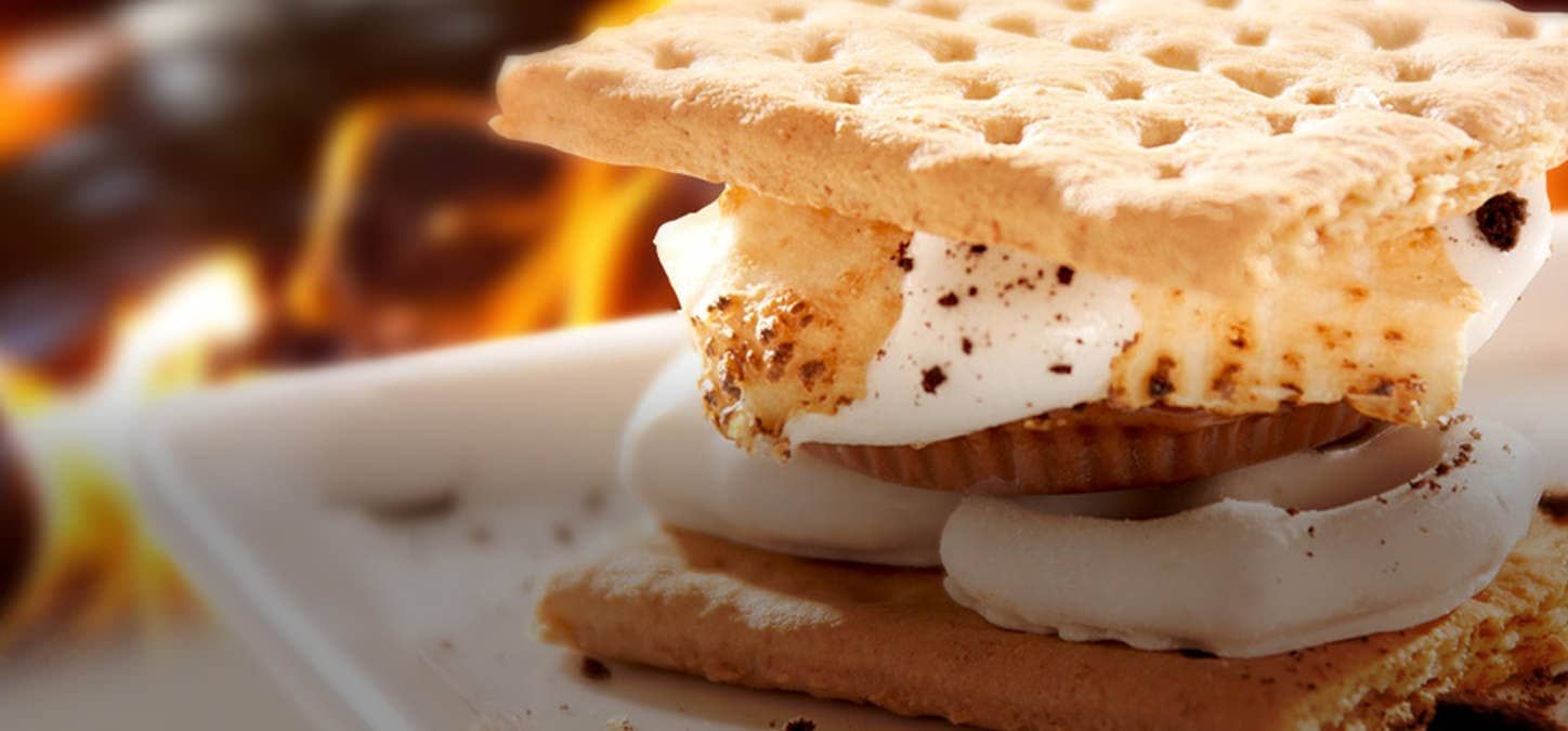 A close up of a kitchen sink s'mores sandwich on a plate with a fire in the background.