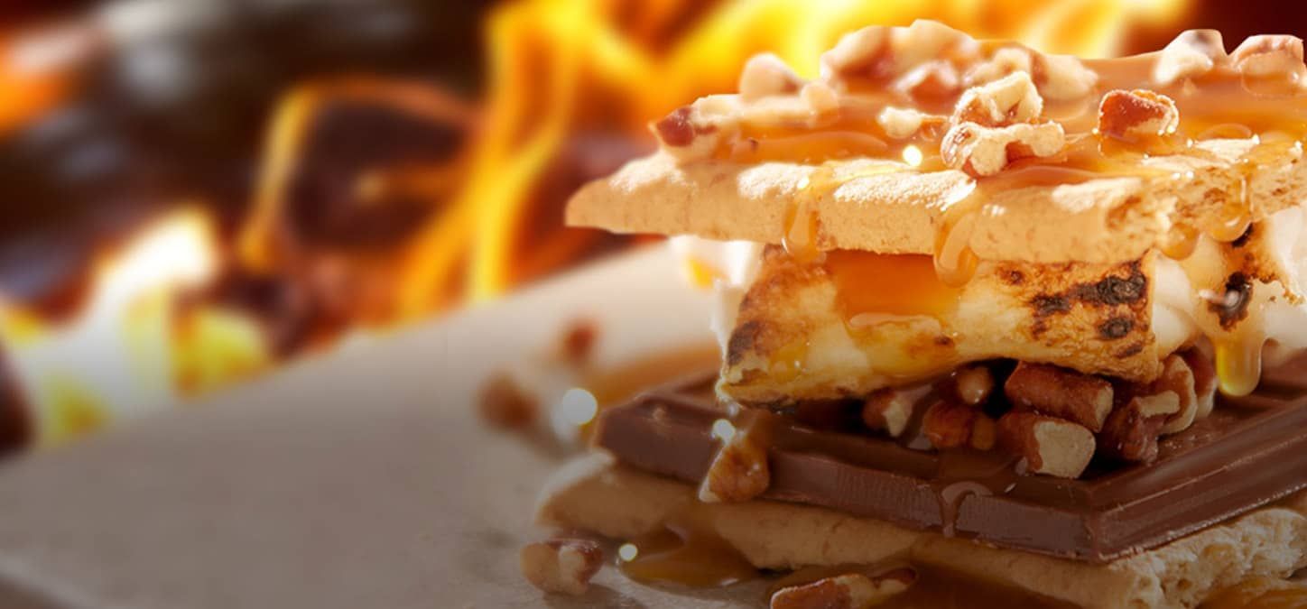 A turtles s'more with marshmallow, pretzels and chocolate on a plate with a fire in the background.