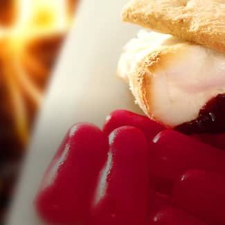 A close up of a s'mores with cinnamon candies and a fire in the background.