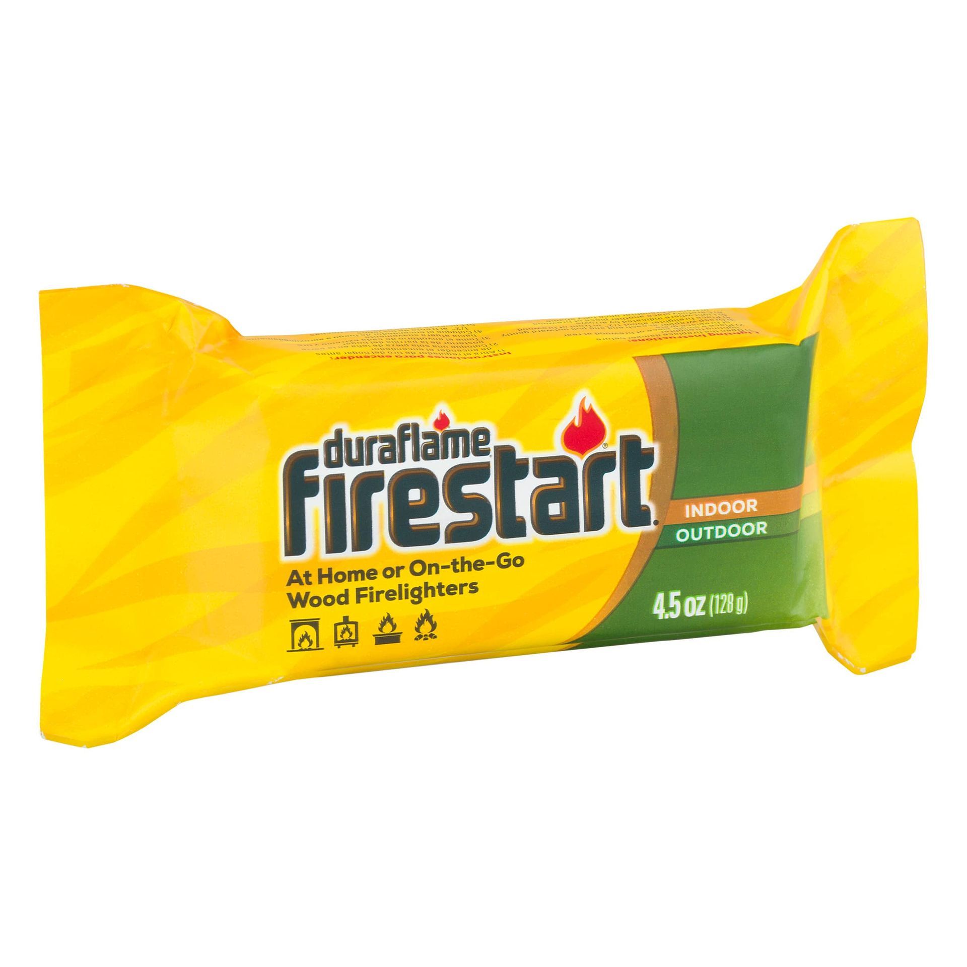 A yellow and green package of a duraflame firestart firewood starter;  fire starters for fireplace, best firewood fire starter, fire starter near me
