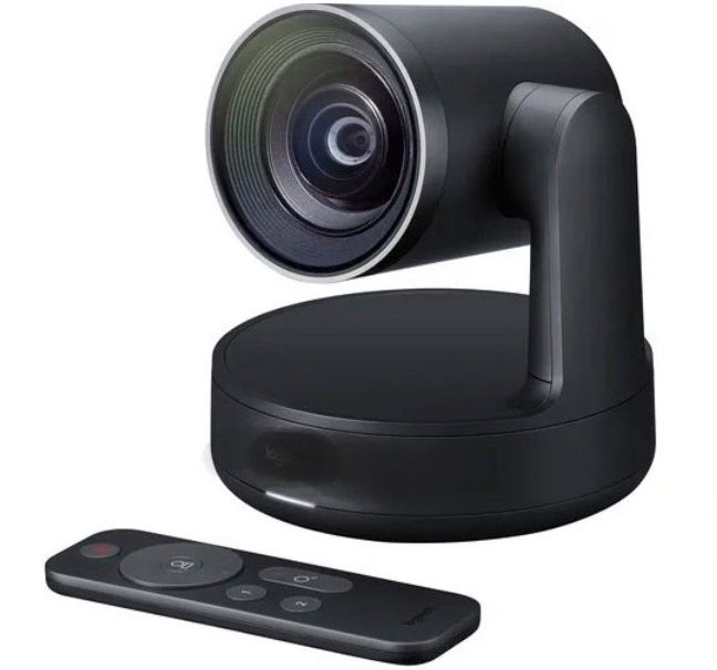 Black PTZ conference camera with a matching remote control on a white background.