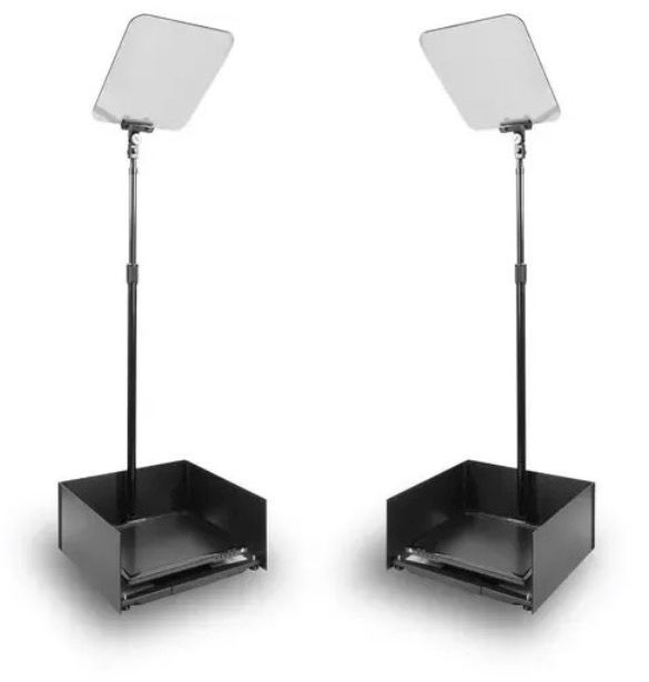 Two black, adjustable teleprompter stands with transparent glass screens set side by side on a plain white background.