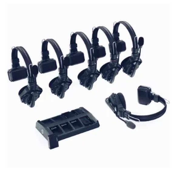 A set of five black wireless headsets and one charging station arranged on a white background.