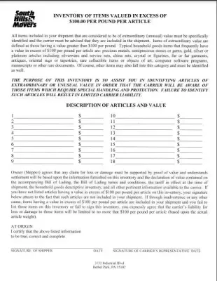 Inventory form from South Hills Movers, with blank lines to list items and their value.