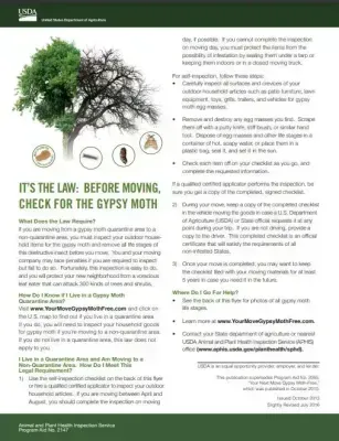 Info sheet: Gypsy moth. Tree half green, half dead, with pest graphics. Text: check before moving.