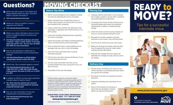 Brochure: Checklist for an interstate move. Family moving boxes. Lists and contact information.