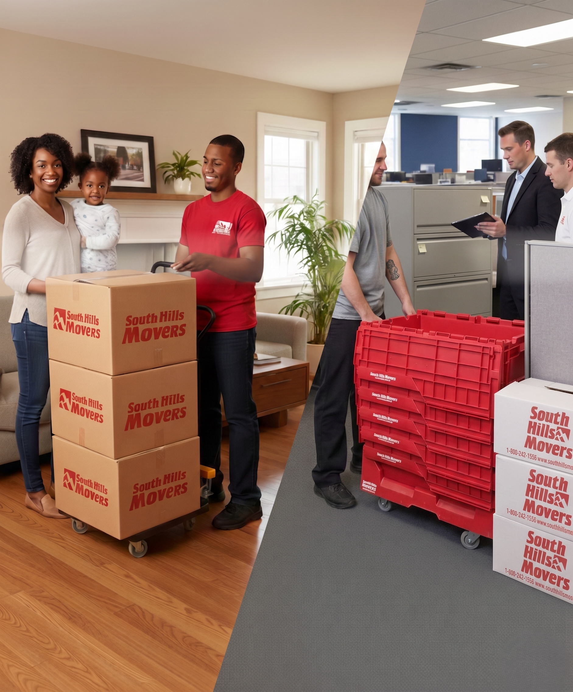 Office workers carrying stacked moving boxes in a hallway and cubicle area.