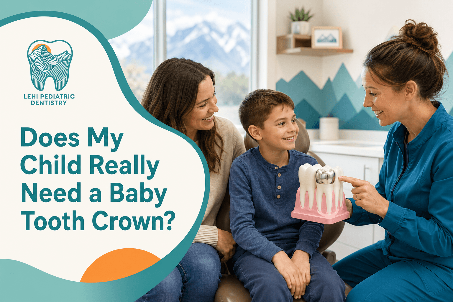 Infographic comparing a child with tooth pain and a child smiling beside a baby tooth crown.
