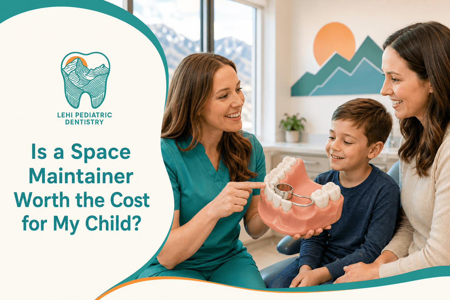 Dentist checking a smiling child’s teeth with dental braces shown in a close-up inset.