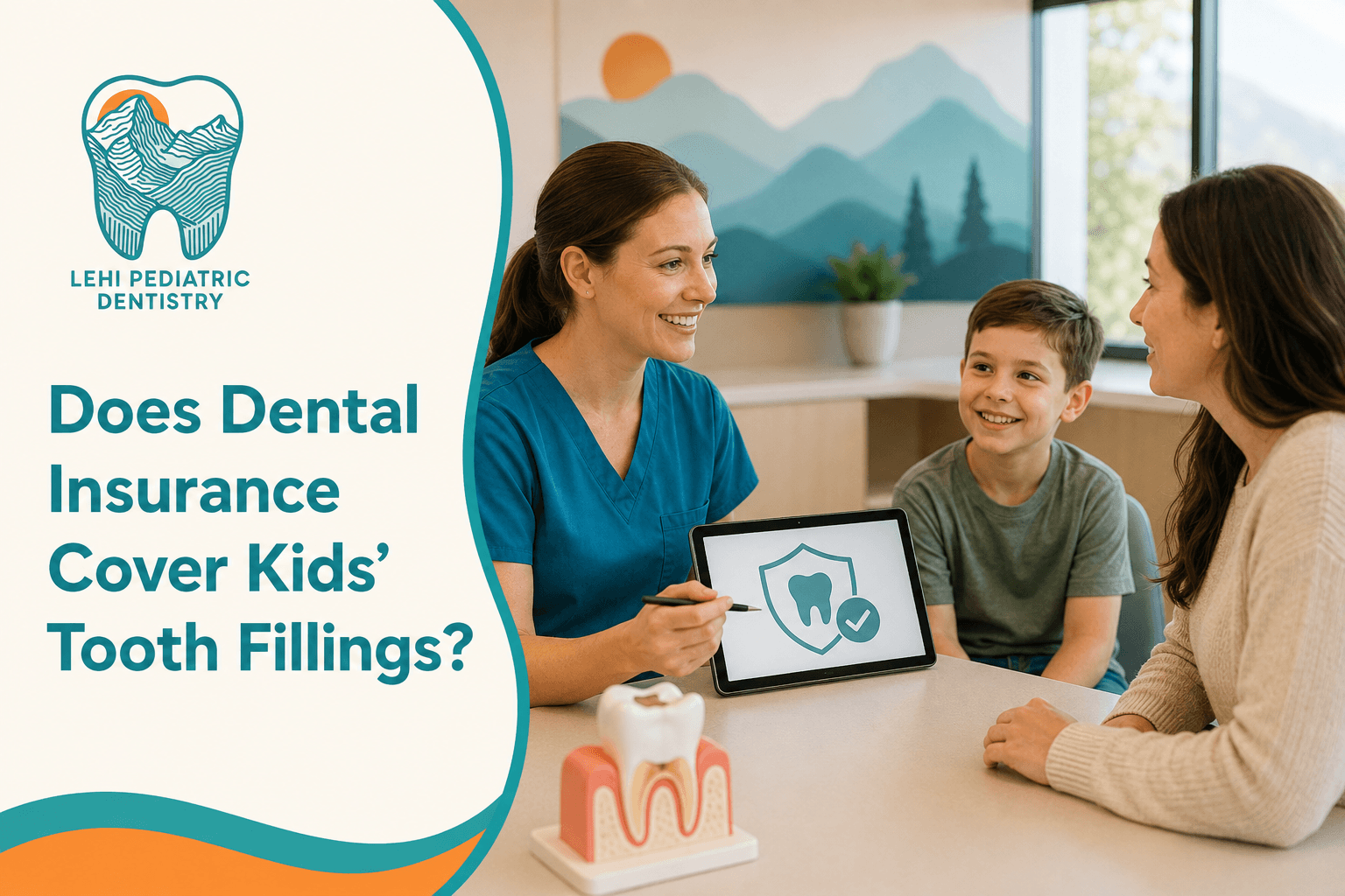Dentist discussing treatment with a smiling family in a bright dental clinic