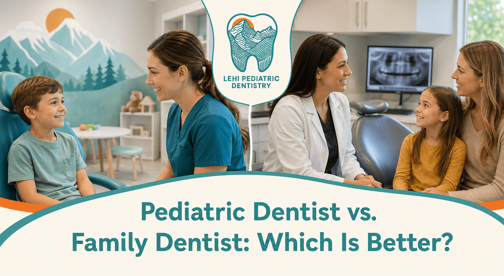 Dentist and family in bright clinic, showing a child a green puppet on the left and treating a smiling child on the right