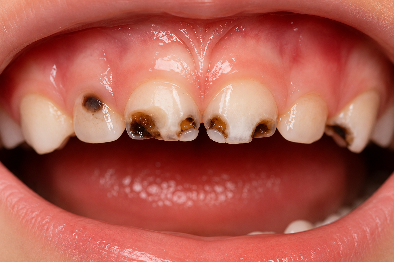 Child in dentist chair, mouth open, being examined by gloved hands. Close-up of a child’s front teeth with severe dental decay and blackened cavities