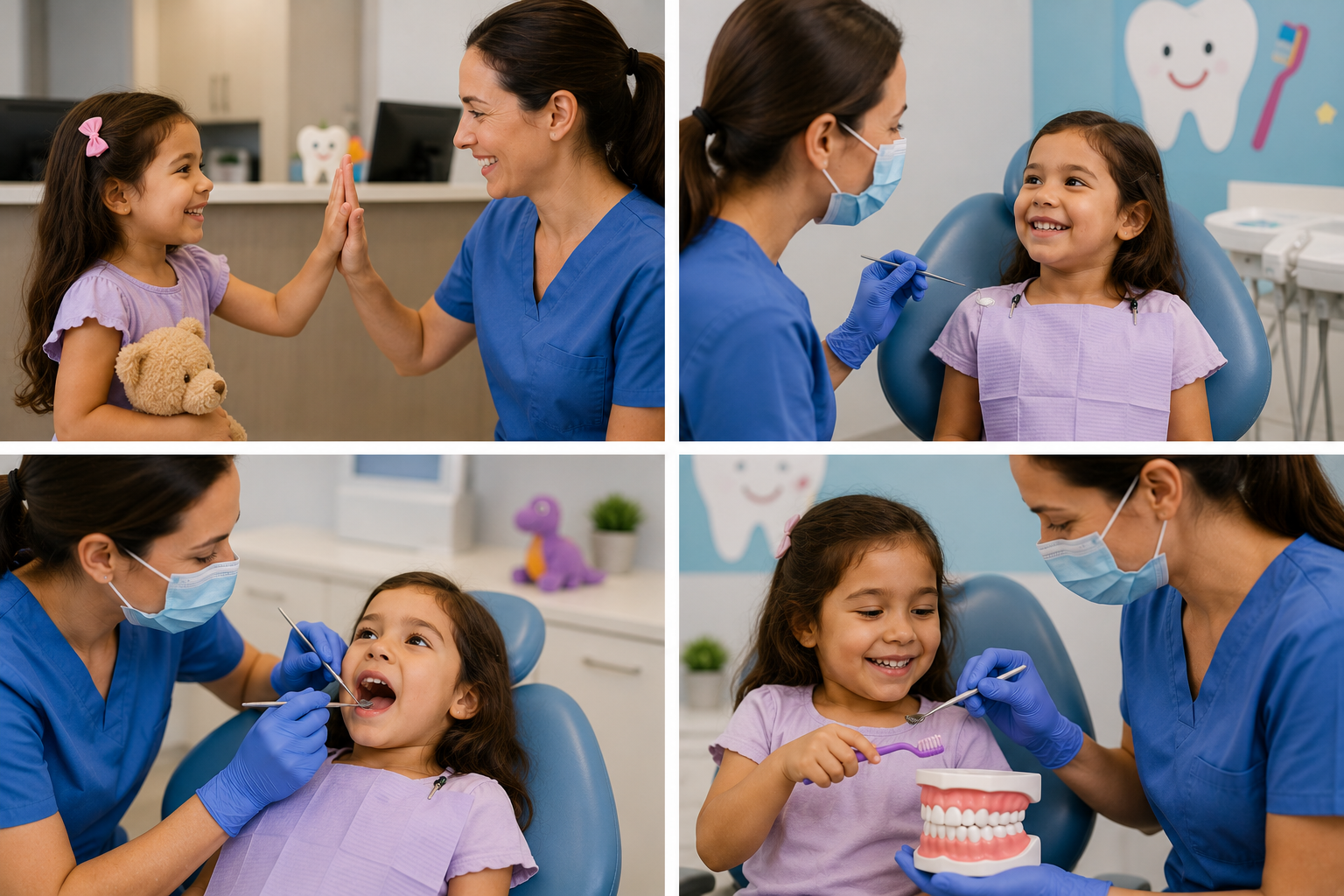 Child in dentist chair, mouth open, being examined by gloved hands. Dental hygienist treating a smiling child in a clinic, shown in four close-up care scenes.