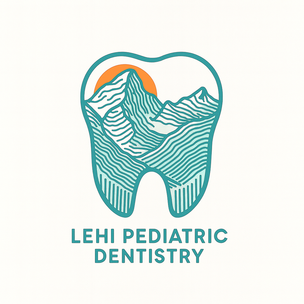 Logo: tooth-shaped outline with mountain range and setting sun, teal and orange,