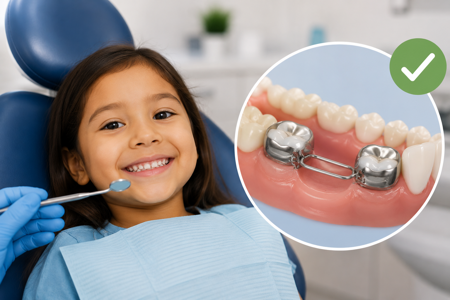 Child in dentist chair, mouth open, being examined by gloved hands. Dentist examining a smiling child with metal braces; inset shows close-up of braces on teeth.