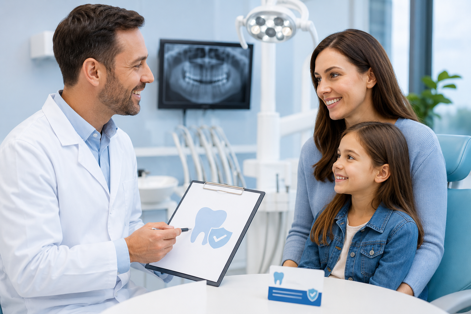 Child in dentist chair, mouth open, being examined by gloved hands. Dentist showing dental chart to two smiling patients in a bright clinic