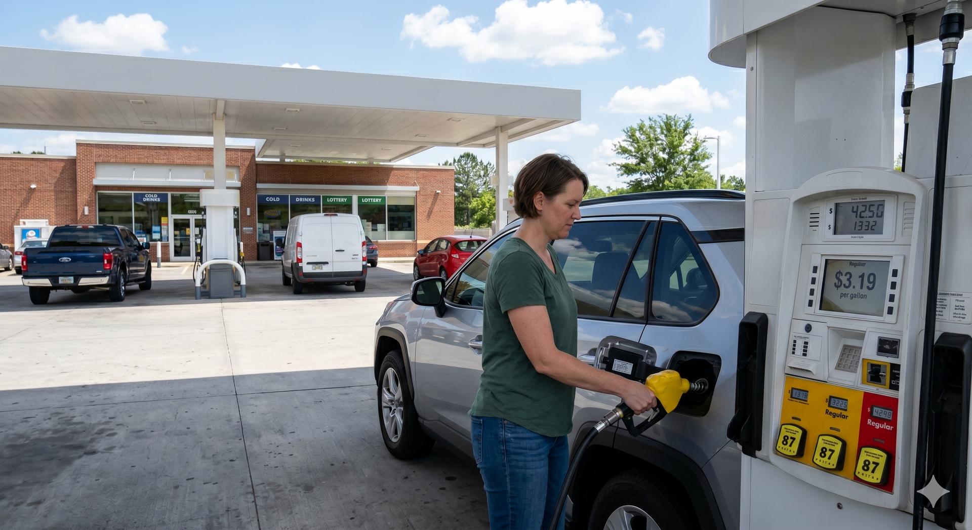 person filling vehicle at a gas station