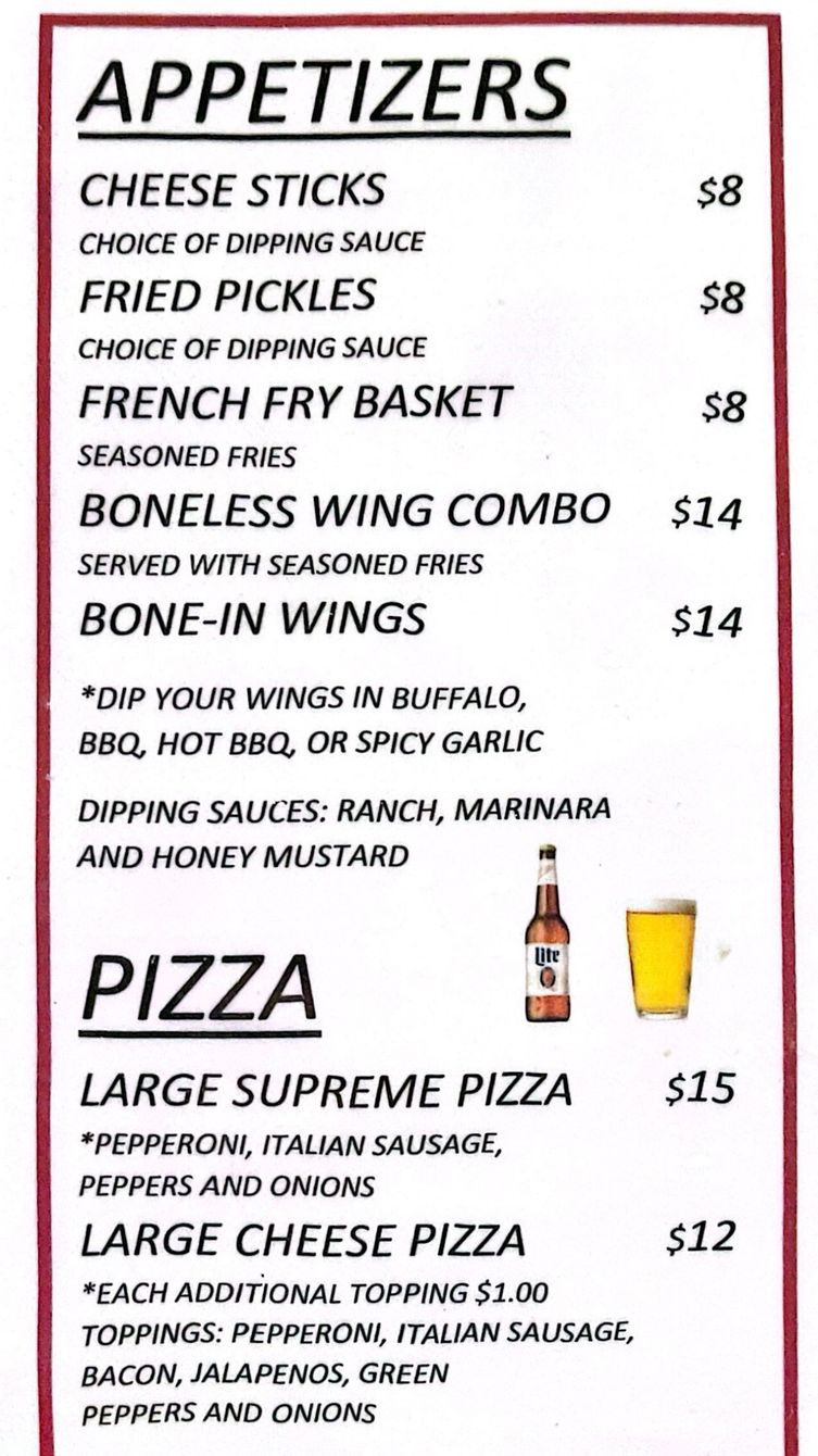 A menu for a restaurant called bullpen bar and grill
